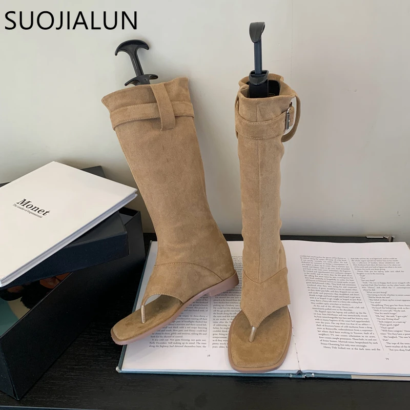 SUOJIALUN 2023 Autumn Women Loog Boot Fashion Open Toe Ladies Elegant Sandal Brand Wedge Heel Ladies Outdoor Knee High Boots