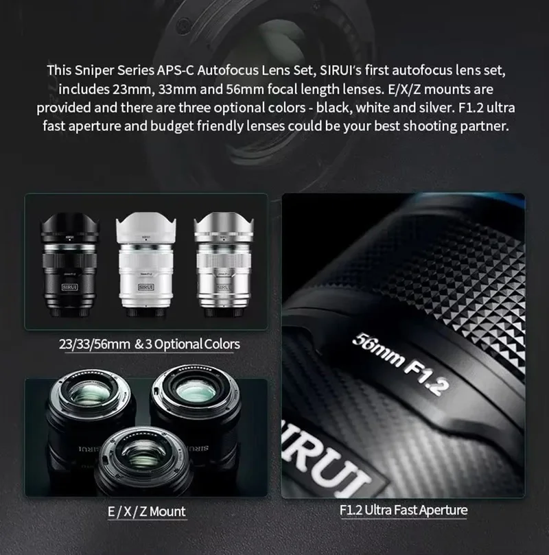 SIRUI Sniper Series 16mm 23mm 33mm 56mm 75mm APS-C Auto Focus Prime Lens for Fuji X XF Mount XT3 XT4 XT5 XT50 XS10 XA7 XPRO1 XE1