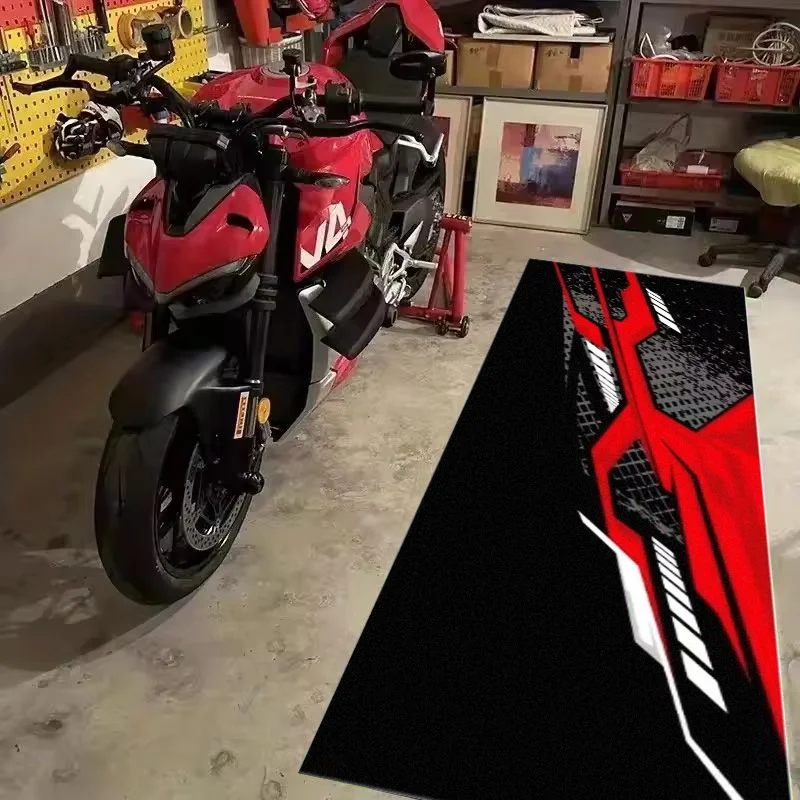 VIKAMA Red Black Racing Graphic Motorcycle Pit Mat Anti Slip Parking Rug For Garage Workshop Floor Decor Carpet