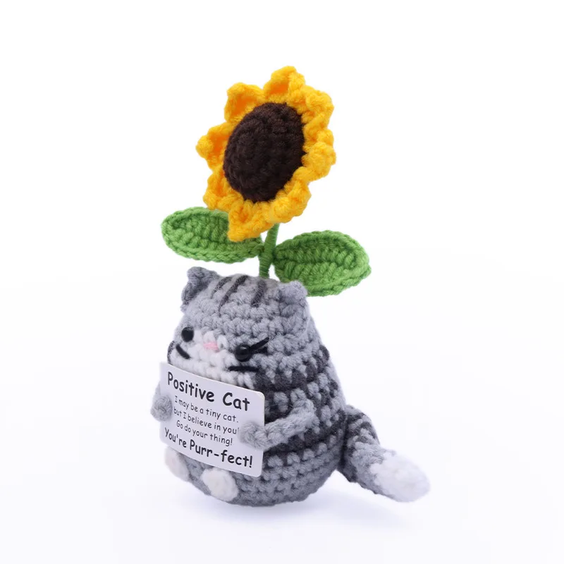 Funny Positive Crochet Cat Flower Doll Desktop Ornament Handmade Cheer Emotional Support Positive Cat with Card Home Party Decor