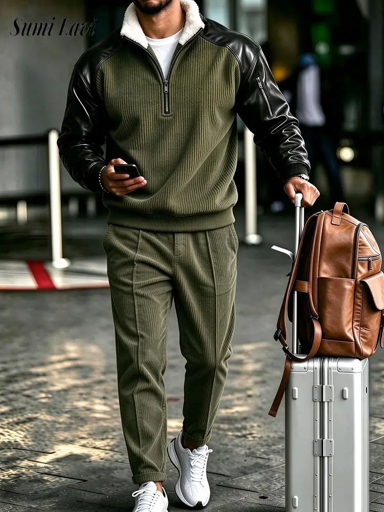 Fashion Turn-down Collar Corduroy Sets Men Autumn Winter Contrast Color Tracksuit Vintage Long Sleeve And Pants Two Piece Suits