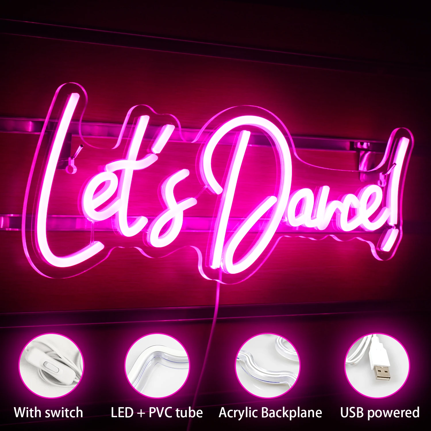 Let's Dance Neon Light Up Sign Pink Led Word Light for Wedding Dancing Party Bar Valentines' Day Engagement Hanging Wall Decor