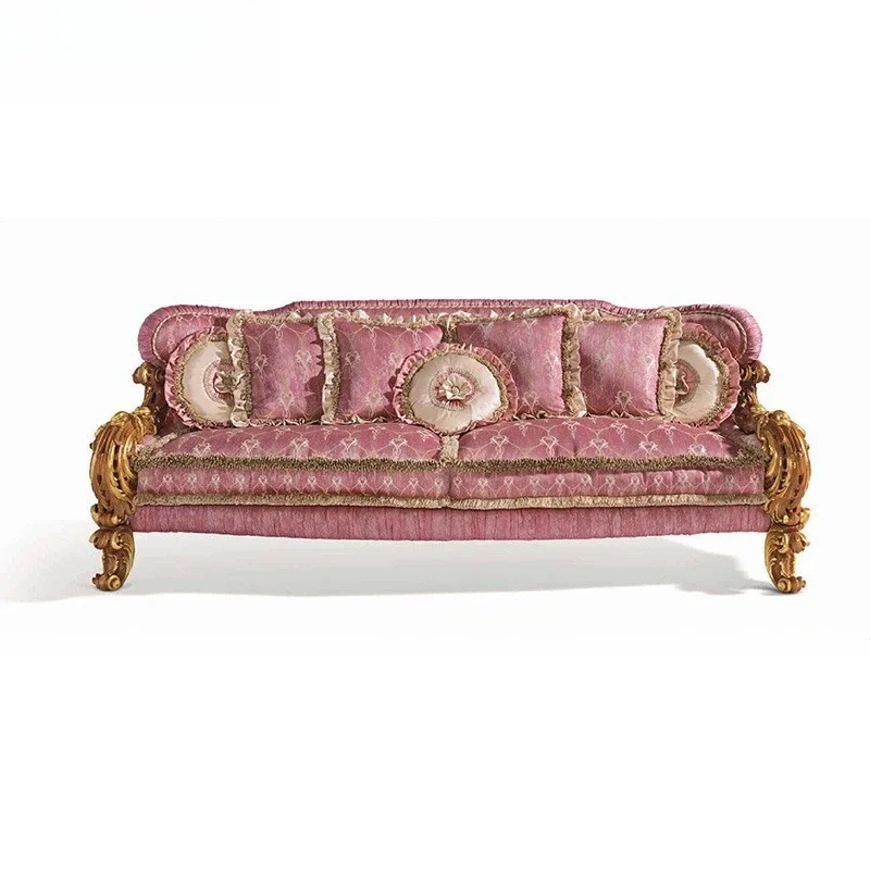 

Luxury European fabric sofa combination, neoclassical living room, solid wood carving flowers, large pink fabric sofa