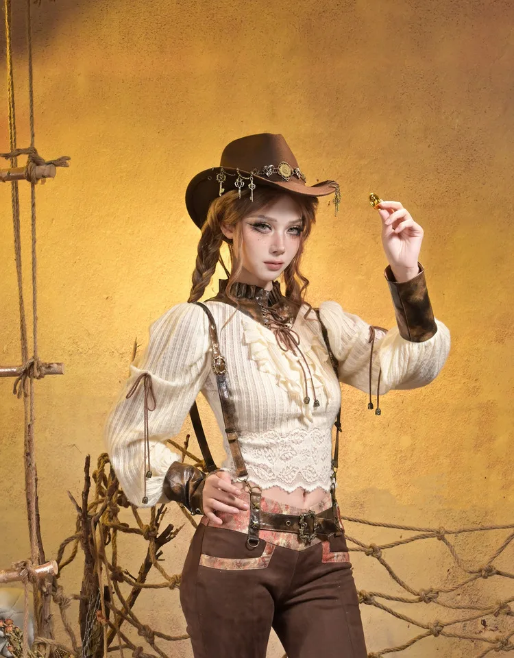 شتاء جديد البحرية طوق الدانتيل متابعة كشكش قميص النمط الياباني Rojita سليم صالح نصف عالية طوق نفخة الأكمام بلوزة الملابس النسائية #4