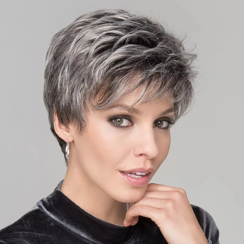 

Woman Fashion Old Age Short Curly Hair Ball Color Mixing Side Swept Bangs Short Hair Headgear Lady Daily Headwear Fluffy Wig
