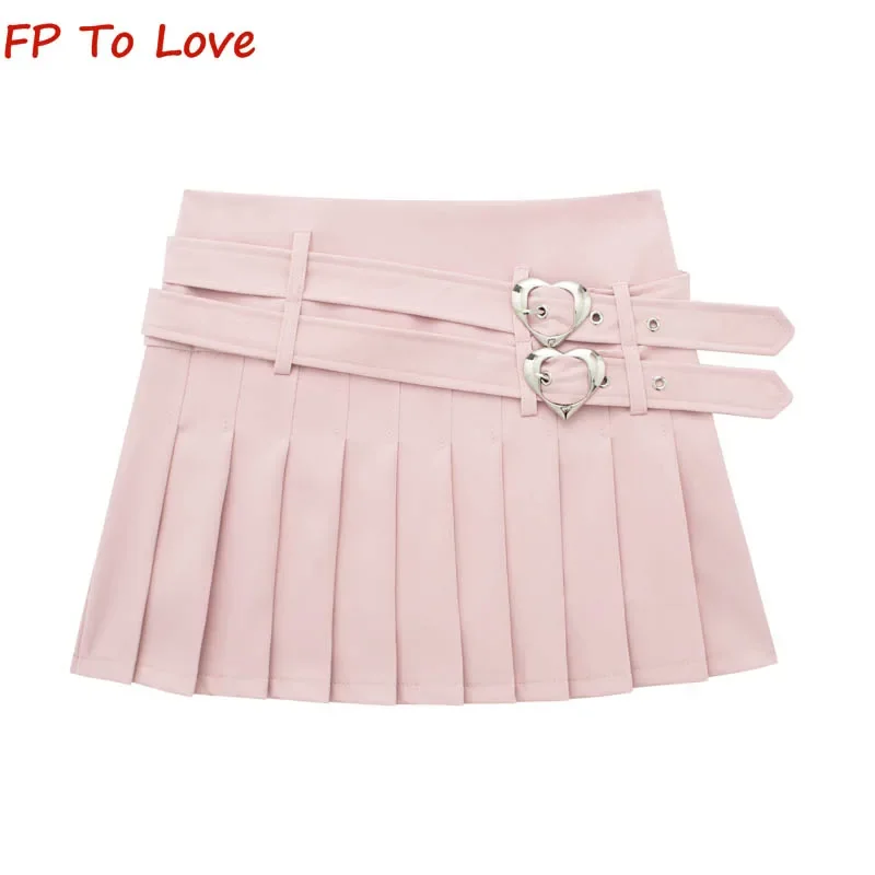 OOTD Pink Sweetie Stylish Love Button Double Belt Pleated Mini Skirts Black A-line Streetwear Young Music Festival Culottes