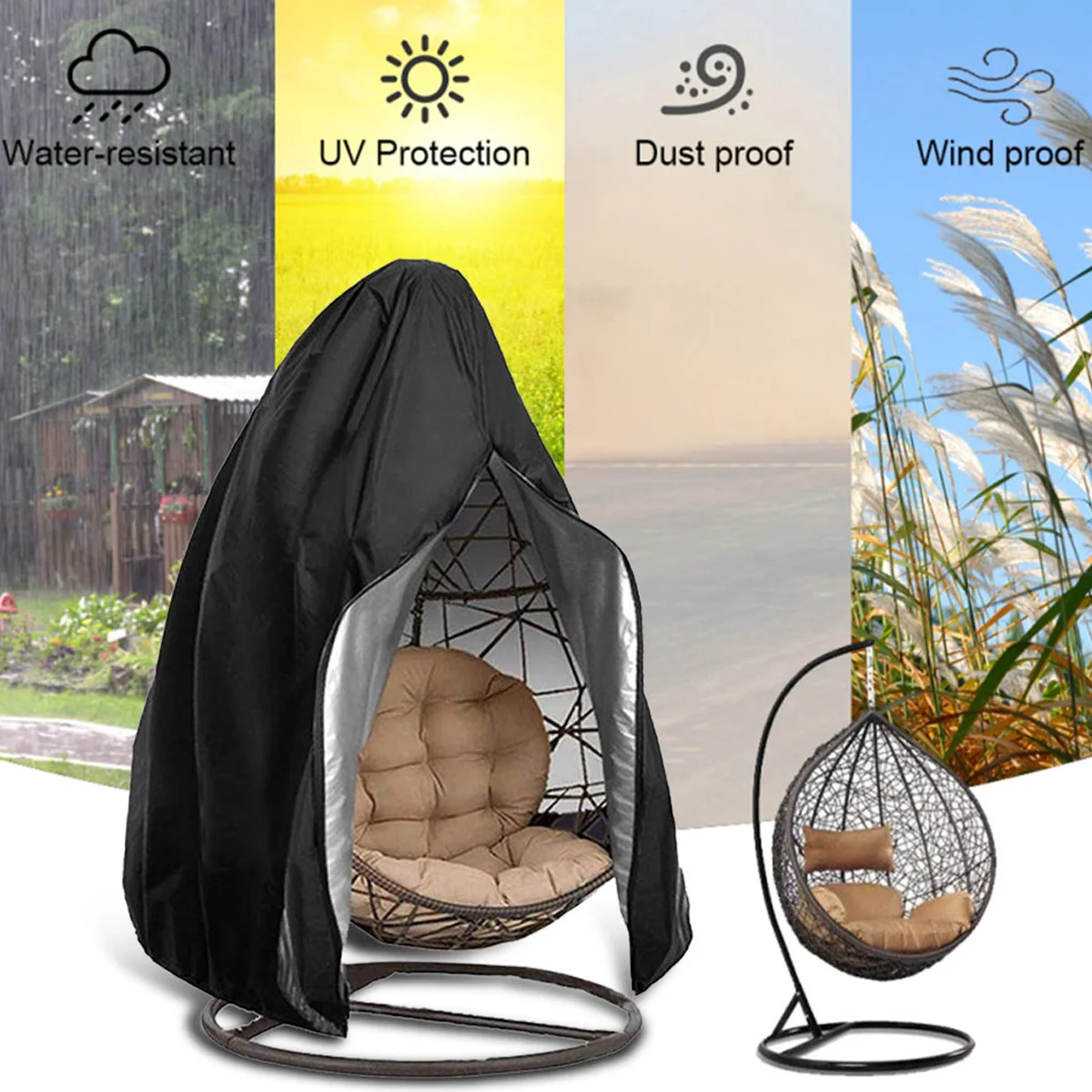 Capa de cadeira suspensa com zíper, protetor solar anti uv, balanço de jardim ao ar livre, cadeira de ovo, assento de vime à prova d'água, capa de móveis