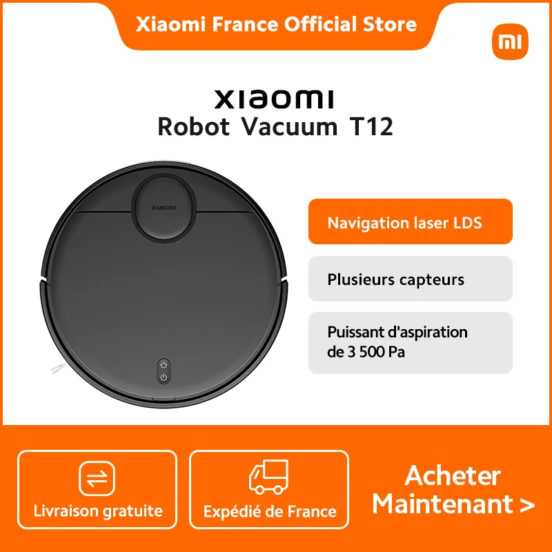 [Officiel]Xiaomi Robot Vacuum T12 Noir,Navigation laser LDS,Puissant d'aspiration de 3 500 Pa,Plusieurs capteurs