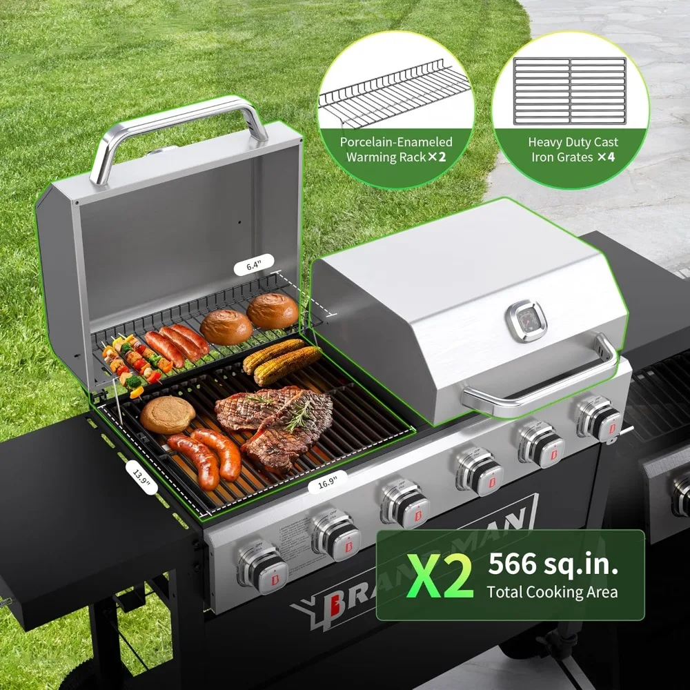 6 Burner Propane Gas Grill, BBQ Grill with Double Stainless Steel Lids & Foldable Side Shelves for Outdoor Kitchen & Backyard