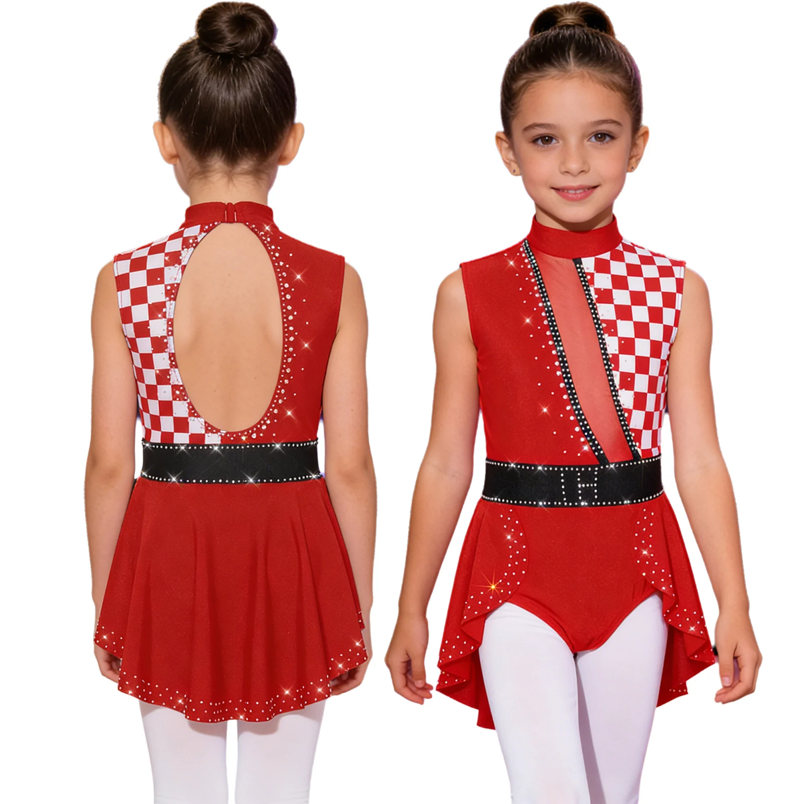 

Kids Circus Clown Leotard Mock Neck Sleeveless Sparkling Rhinestone Patchwork Dance Jumpsuit for Gymnastics Ballet Latin Dance