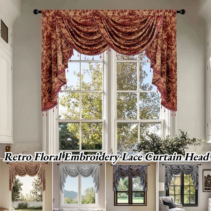 Retro Floral Embroidery Lace Curtain Head American Wave Curtain with Rod Pocket Living Room Bedroom Window Shade Short Curtain