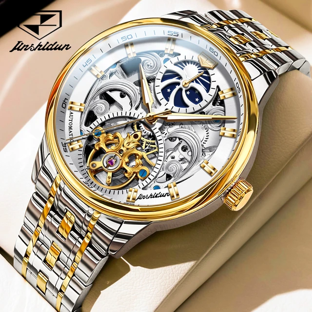 JSDUN Original Automatic Mechanical Watch for Men Skeleton Openwork Design Stainless steel Gold Wristwatch Top Brand Male Watch AliExpress