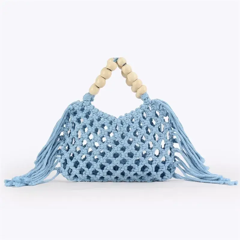 Boho Häkel-Handtasche mit Aushöhlungen und Quasten, Holzperlen-Griff, Gewebte Strandtasche, Sommer-Urlaub Strohtasche, Damen Casual Schultertasche – Detail 22