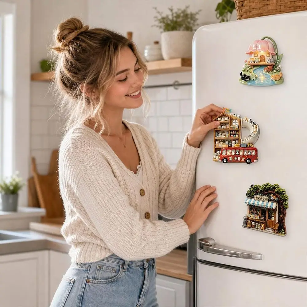 Cute Cat Theme Cat Fridge Magnet Simulation Cartoon Pattern Decorative Fridge Magnet Resin 3D Relief 3D Refrigerator Stickers