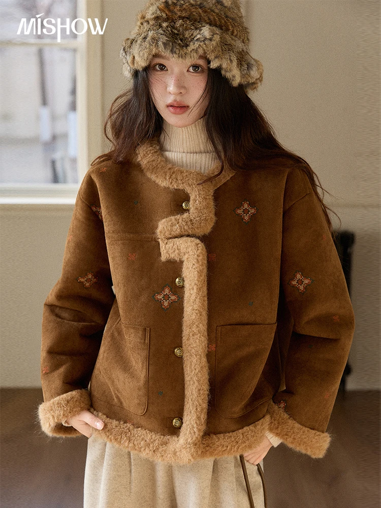 

MISHOW Women Brown Jacket 2025 Winter Retro Stand Collar Single-Breasted Windproof Coat Comfortable Long-Sleeve Coat MXE86W0910