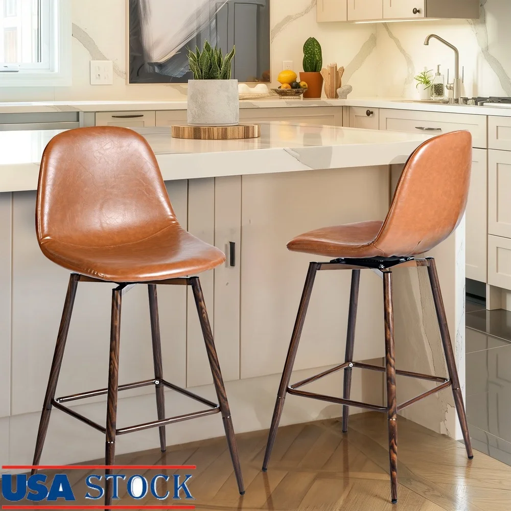 

Set of 2 Swivel Bar Stools 26 Inch Counter Height Faux Leather Seat Walnut Metal Legs Ergonomic Design Kitchen Island