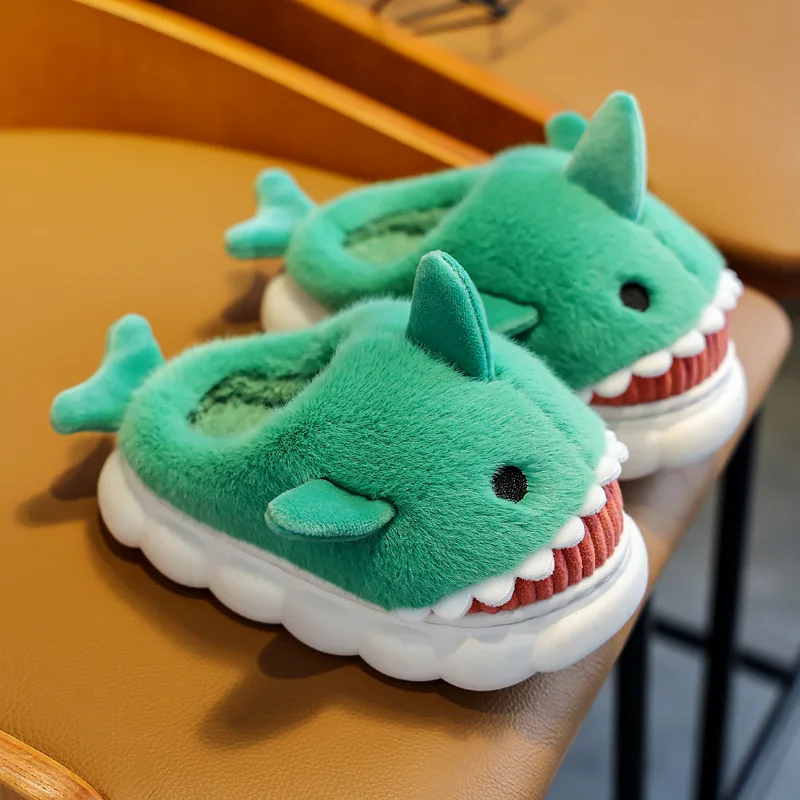 Winter Autumn Cute Cartoon Shark Shaped Fuzzy Slippers Children\'s Non-slip Soft Cotton Slippers Kids Boys Girls Warm Home Shoes