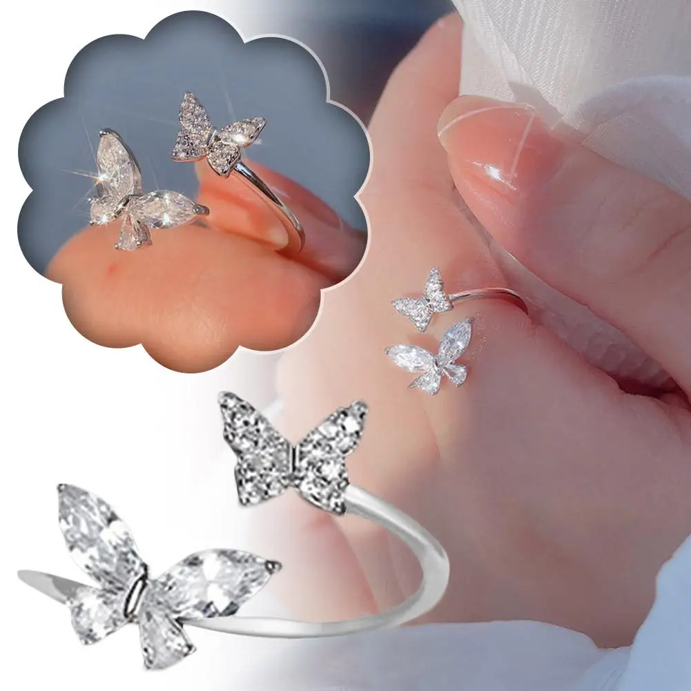 Butterfly Opening Rings For Women Butterfly Minimalist Adjustable Silver Zircon Butterfly Rings Luxury Style Jewelry Gift