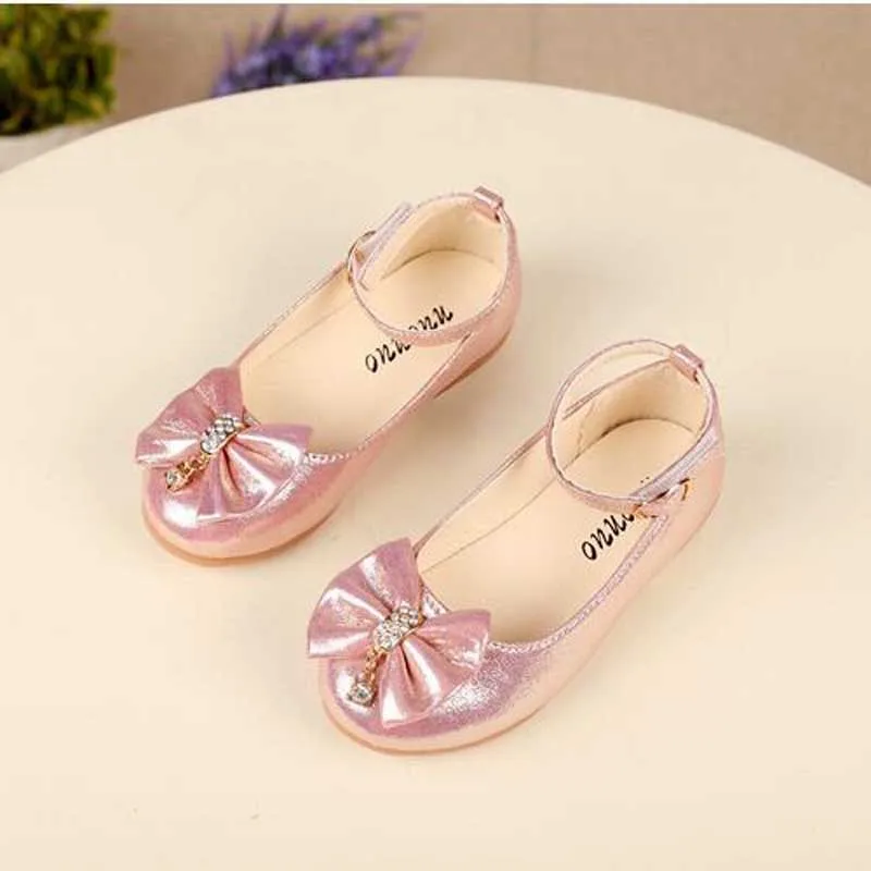 New Autumn Girls Leather Shoes Children Girls Baby Princess Bowknot Sneakers Pearl Diamond Single Shoes Kids Dance Shoes