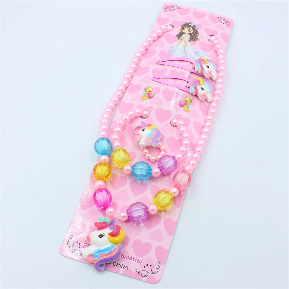 مجموعة واحدة من المجوهرات المصنوعة يدويًا على شكل وحيد القرن للأطفال، مجموعة مجوهرات مطرزة على شكل حيوان لطيف وسوار وخاتم ومشابك شعر كهدية للأميرة الصغيرة #5