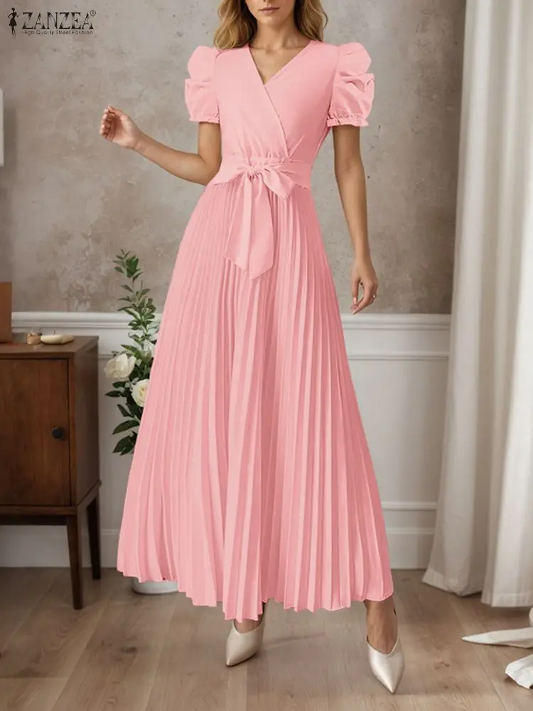 Elegante abito da festa con scollo a V ZANZEA Abiti da donna da ufficio 2025 Manica a sbuffo Solido Vestito estivo a pieghe Una linea Abiti midi Abito con cintura