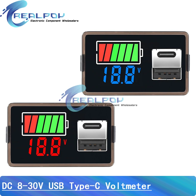 DC8-30V Wskaźnik pojemności akumulatora USB Type-C LED Cyfrowy woltomierz samochodowy Tester poziomu ładowania akumulatora litowo-ołowiowego