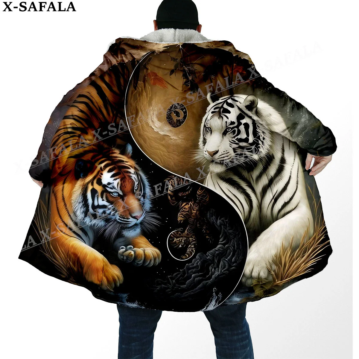 Yin Yang Tiger Spirit Totems Arts Dicker warmer Kapuzenmantel Herren Mantel Mantel Winddichter Fleece Cape Robe Kapuzendecke-4
