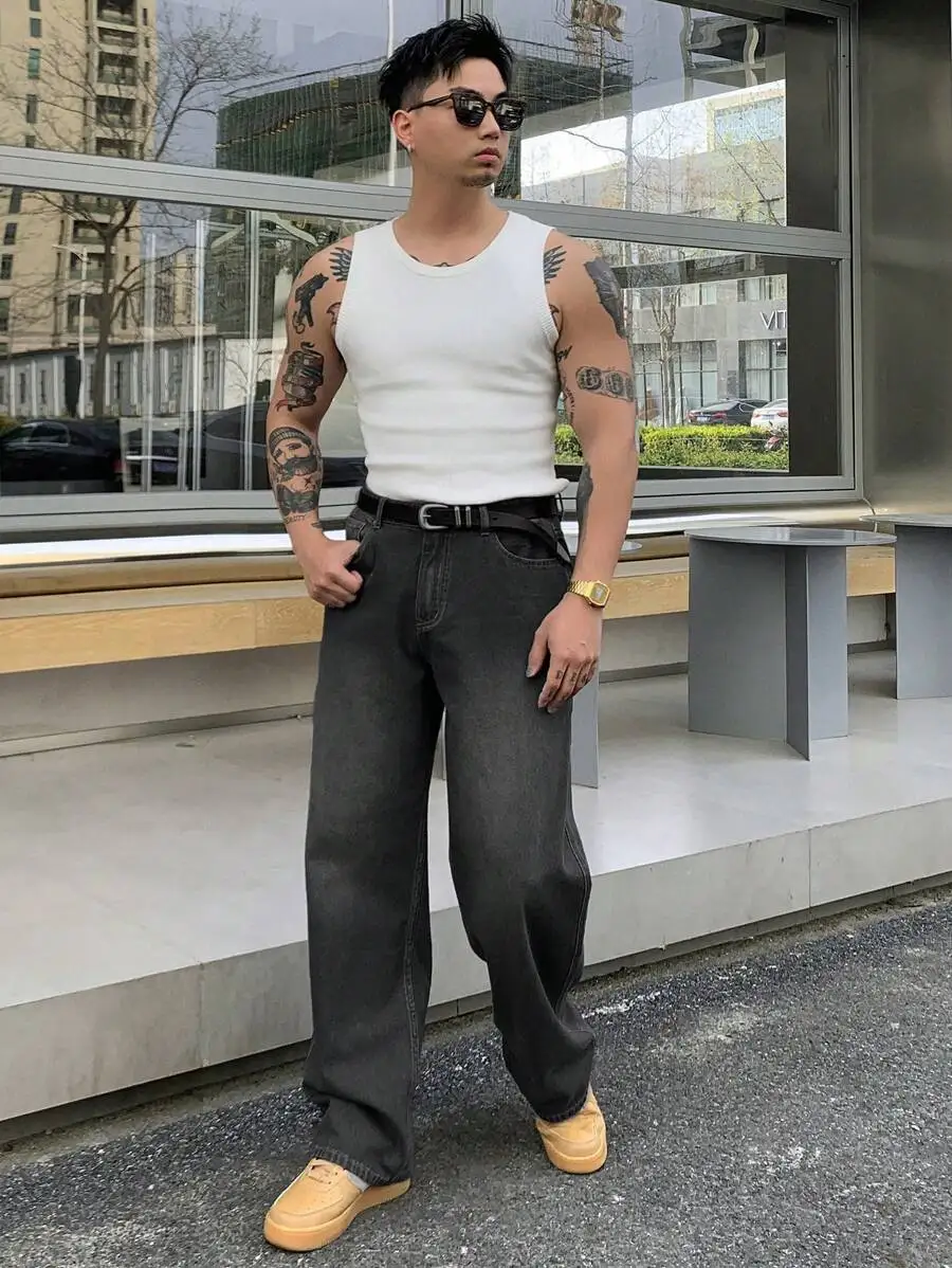 

Mens Relaxed Fit Washed Denim Trousers With Straight Cut