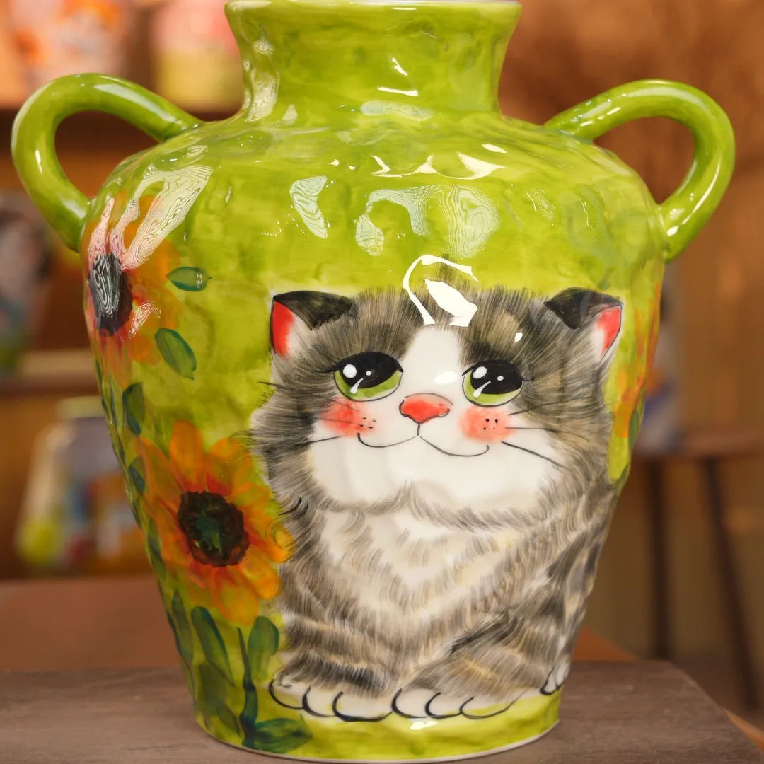 Hand painted ceramic oil painting idyllic Seiko kitten sunflower large binaural vase ornament