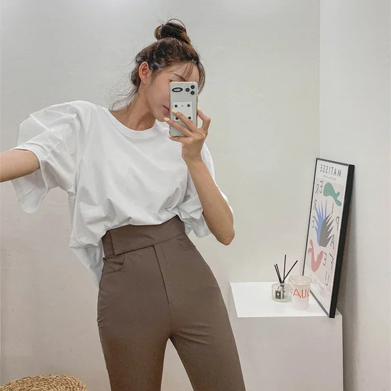 A Women casual tight high waist solid black pencil pants women Korean wild fashion stretch bottom straight pants