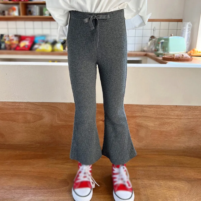 Childrens Flared Pants Kids Girl Casual Comfy Trousers Elastic Waist Korean Style Girls Bell Bottoms Drawstring Design Pants