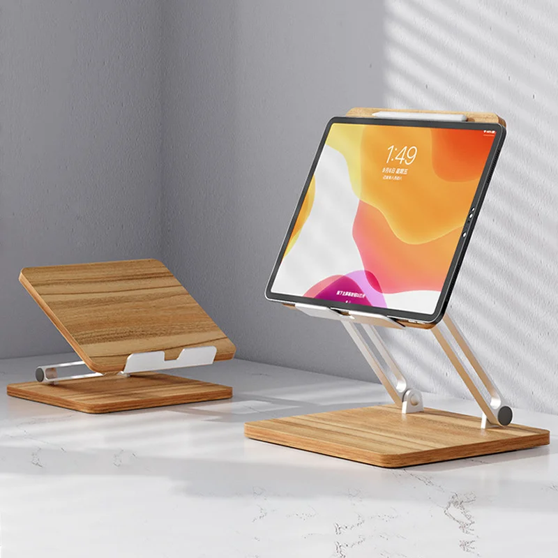 Adjustable Tablet Stand Wooden+Aluminum Alloy Design Desktop Portable Foldable Tablet Drawing Holder Bracket for iPad Samsung