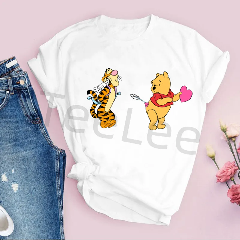 Cute Winnie the pooh T-Shirt Print Valentine Heart T Shirts Female Loose Shirt Harajuku All-Match Kawaii Animal Women Clothes