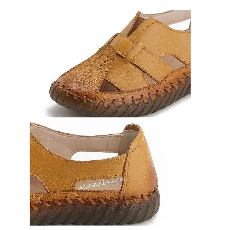 Sandalias de gladiador Retro de verano para mujer, zapatos planos sin cordones de cuero genuino, mocasines acogedores para mujer, sandalias para