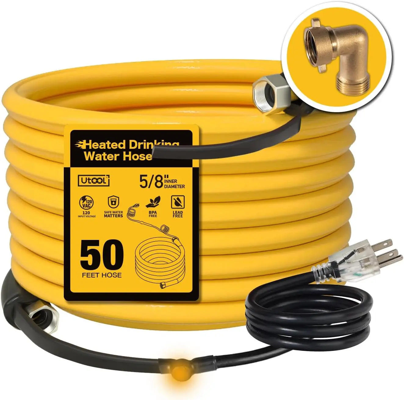 

50 FT Heated Water Hose for RV Camper with 90 Degree Elbow, NSF 372 Drinking Water Certified Garden Hose,