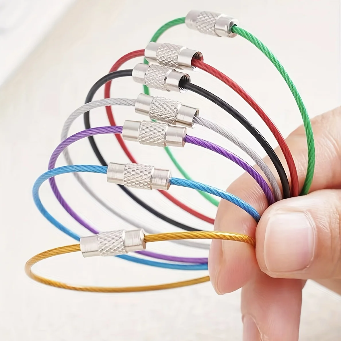 10pcs Mix Color Stainless Steel Wire Rope Screw Lock Ring, Key Ring Keychain Tag Holder Decoration