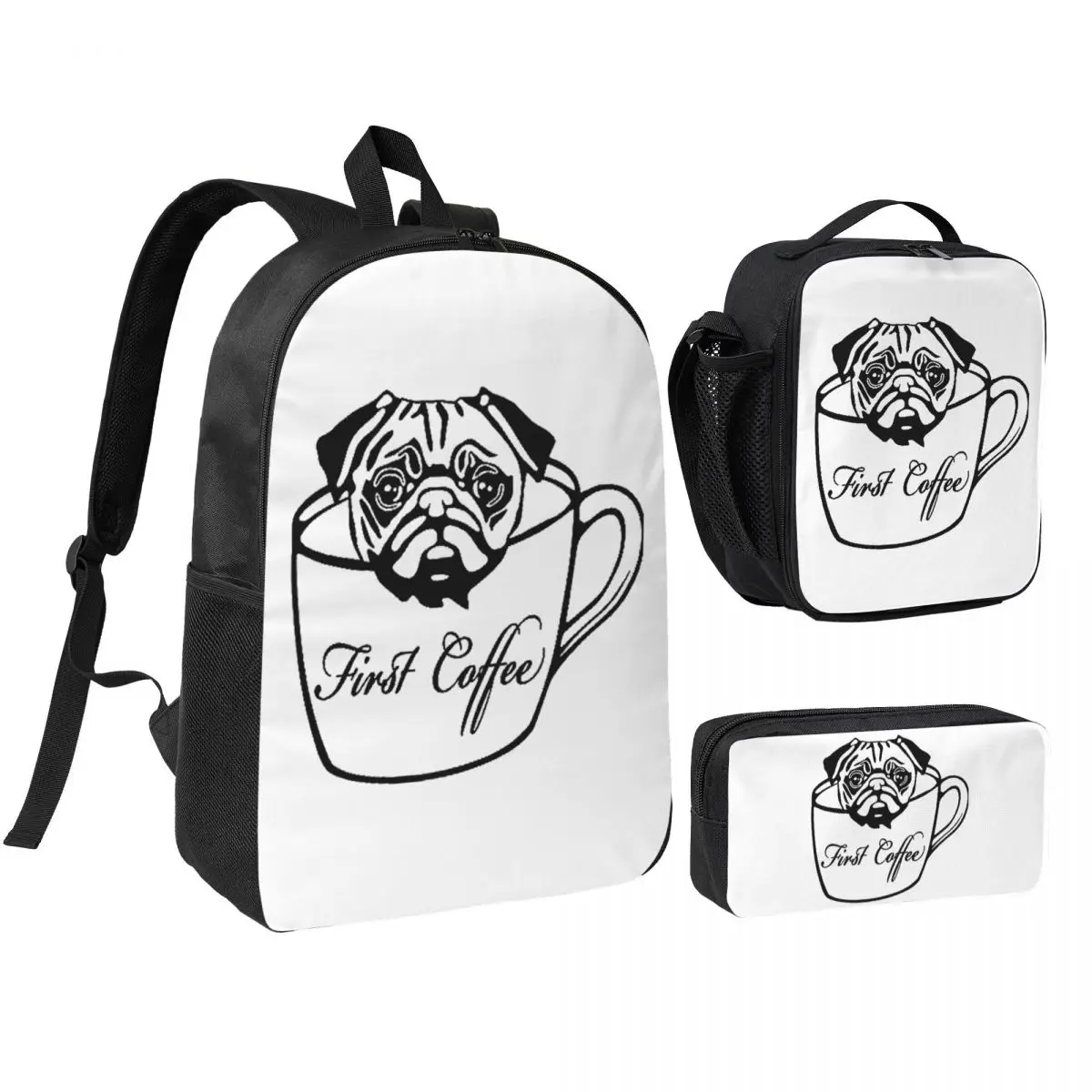 Mochila Pug First Coffee para estudantes, bolsa escolar, bolsa de ombro, 3 peças, bolsa térmica para almoço, estojo para lápis