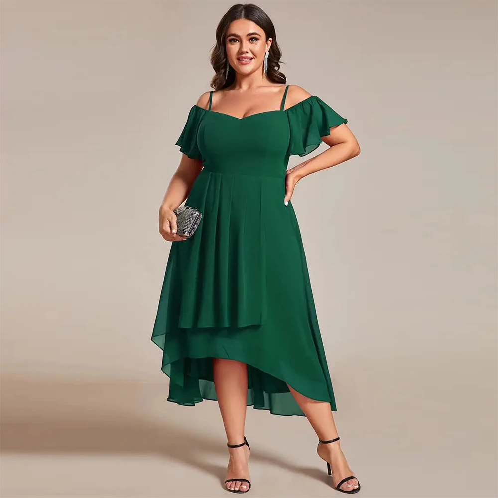 BAZIIINGAAA Party Dress Plus Size Chiffon Spaghetti Strap Cold Shoulder Tea Length Wedding Guest Dress Evening Dresse