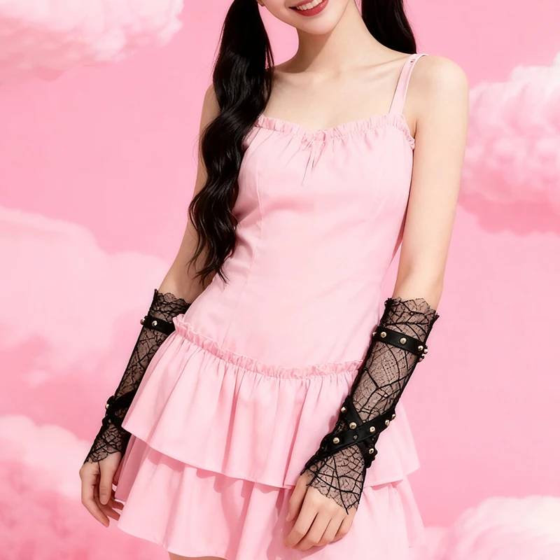 女性用スイートピンクアームウォーマー、クモの巣メッシュパッチ、肘丈、忍者風アウタースリーブ、リベット付きpuストラップスリーブカバー、パンクゴシックスタイル