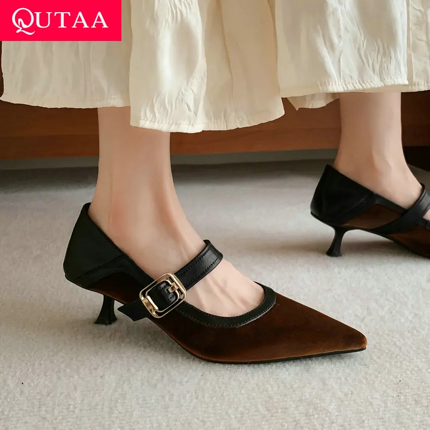 

QUTAA 2024 Mary Janes Flock Thin Med Heel Shoes Woman Pointed Toe Spring Summer Office Ladies Working Retro Style Size 34-39