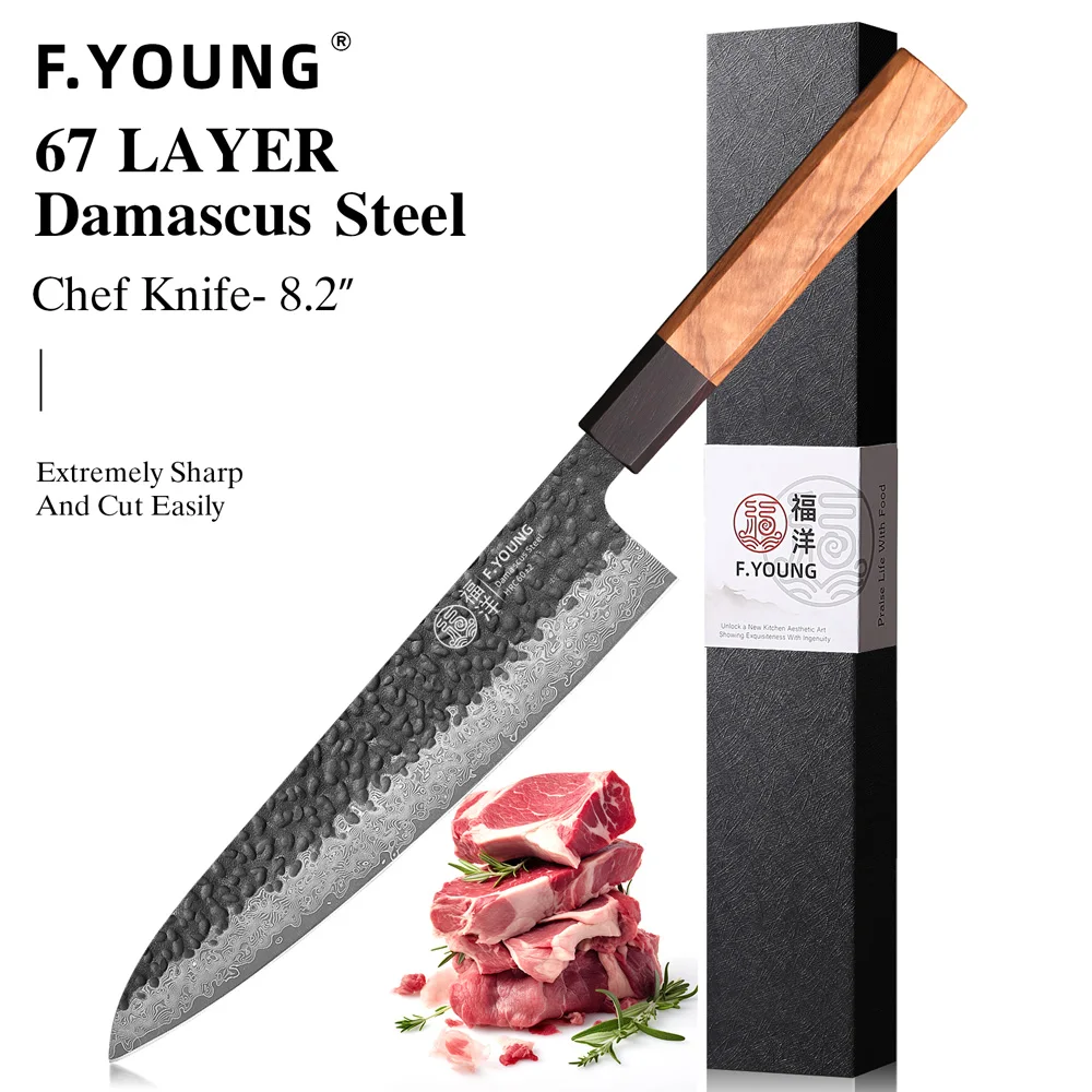 Faca de Chef Japonesa F.YOUNG 8.2'' em Aço Damasco de 67 Camadas, Feita à Mão, Profissional para Sashimi, Ferramentas de Cozinha Afiadas