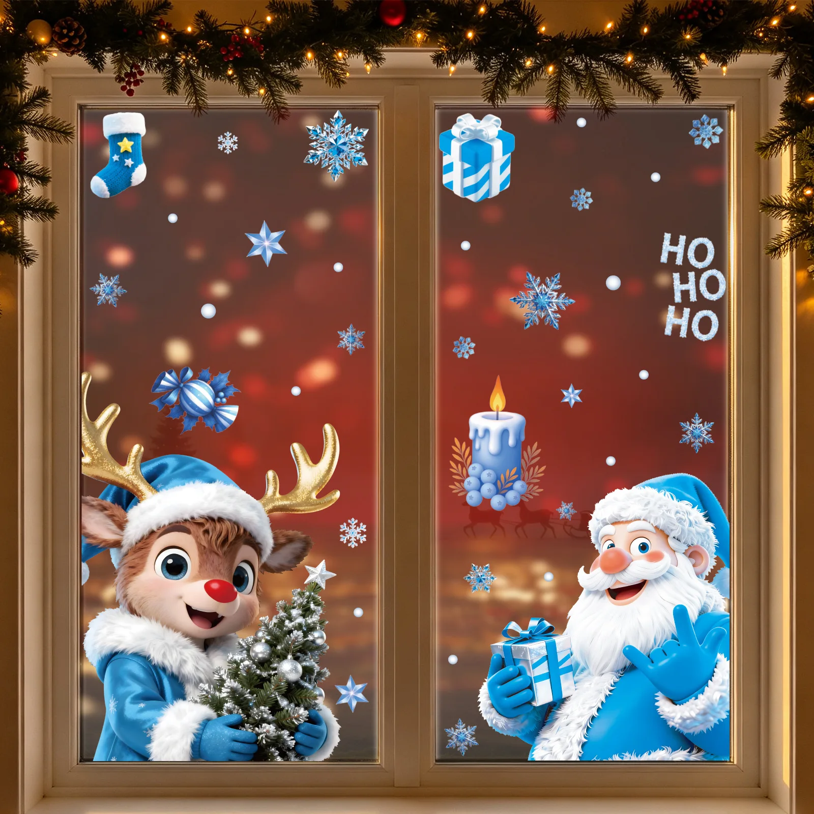 Blue Dreamy Elk Christmas Static Window Clings, Santa Claus Glass Stickers, Holiday Decals for Mall Shop Window Display Decor