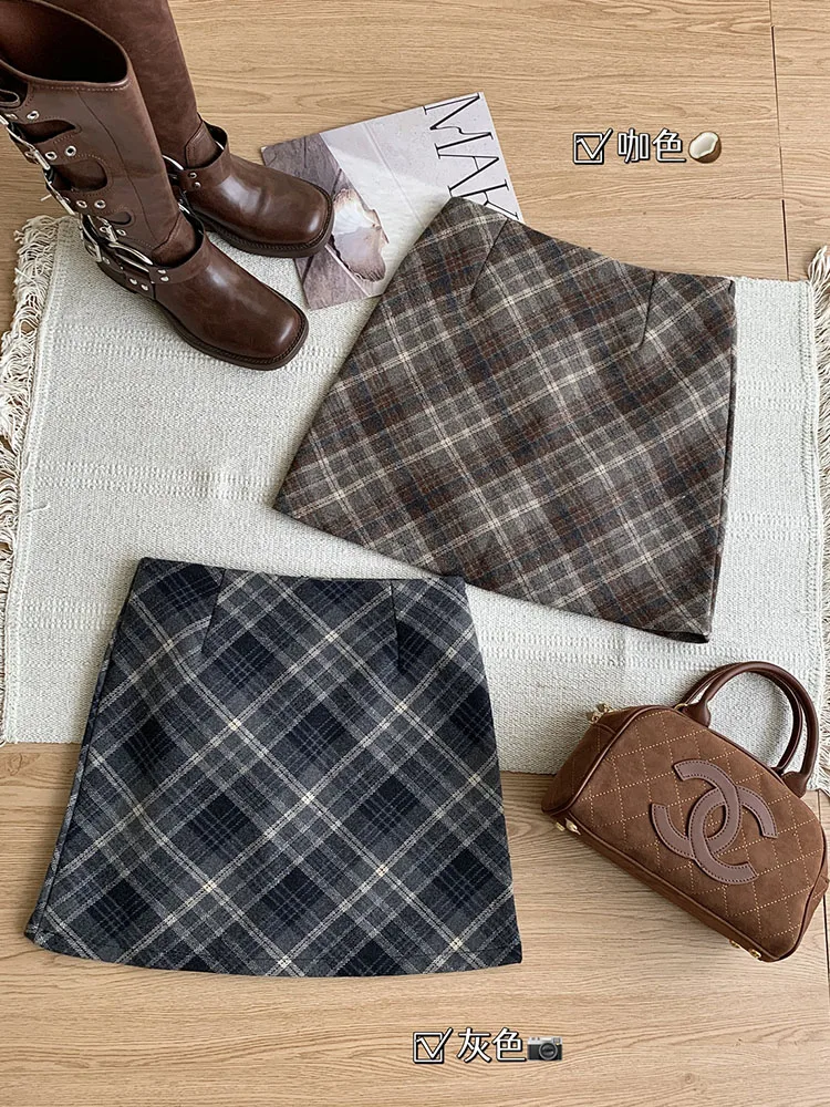 High Quality Casual Outfits 2 Piece Skirt Set Square Collar Tops + Plaid A-Line Skirt Office Lady Autumn Winter Japanese Fashion