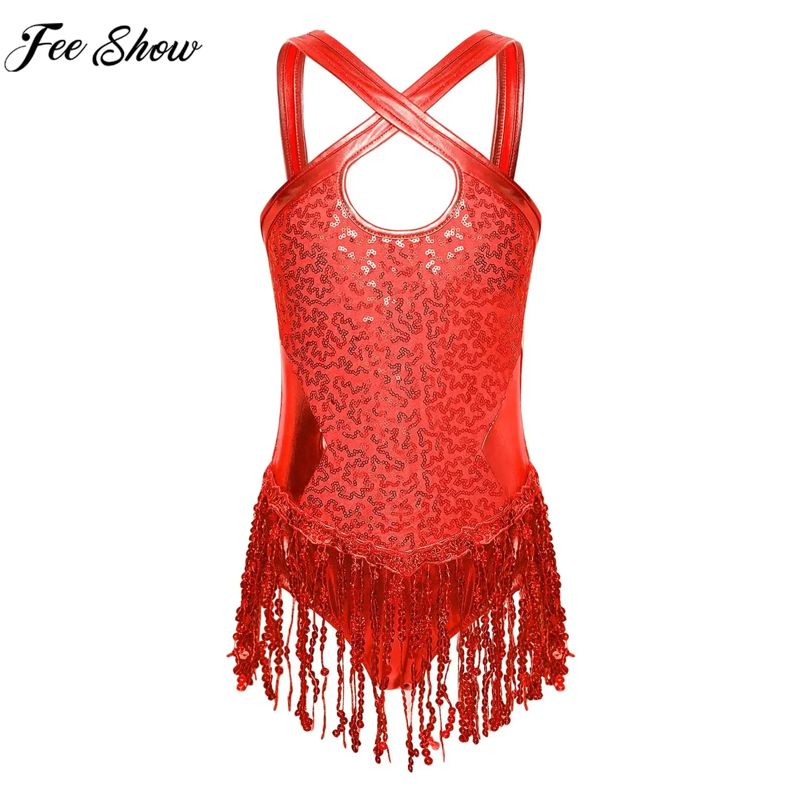 Children Girl Latin Dance Bodysuit Sleeveless Sequin Tassel Cha-cha Salsa Tango Rumba Samba Ballroom Dancing Performance Leotard