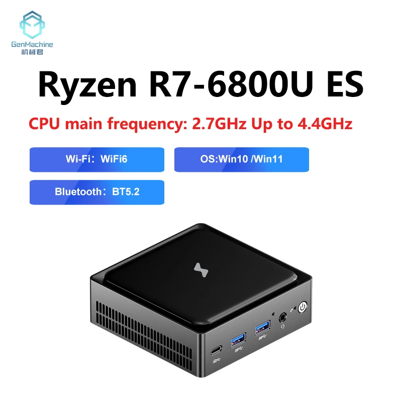 Genmachine New R7 6800U ES Mini PC Win11 WiFi 6 Gaming PC 8Cores 16Threads CPU DDR5 6400Mhz Ram Display Computer Radeon 680M