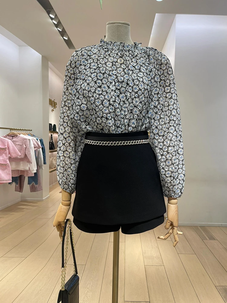 

M Home Nan You High End European Sle Women's irt Daisy Print Lantern Sve Blouse French Sle Straight Cut Long Sve