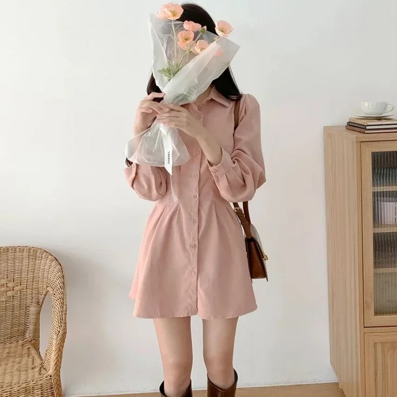 Shirt Woman Long Sleeve Dress Vintage One Pieces Clothes Aesthetic Sensual Sexy Korean Fashion Beach Hot Pink Dresses For Women