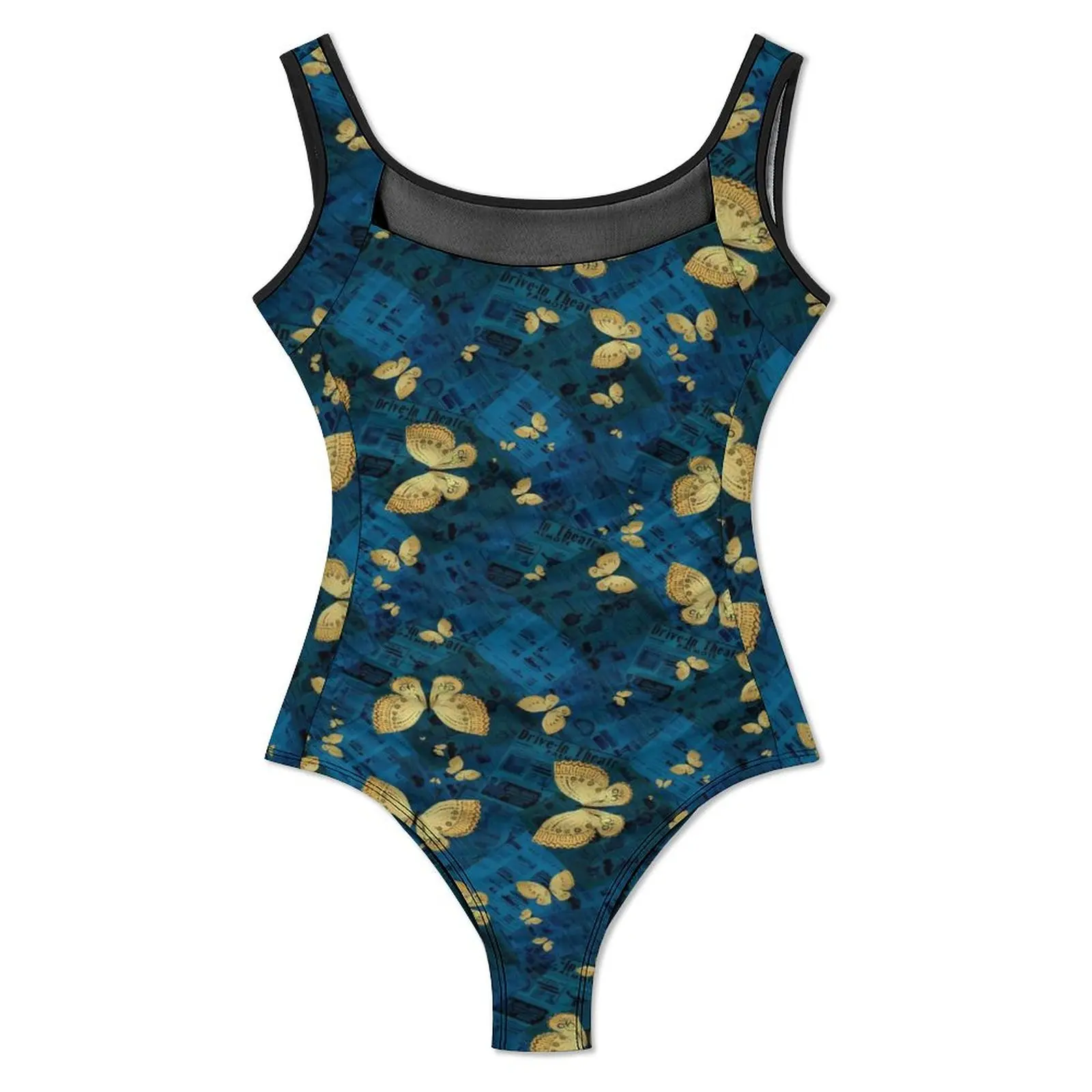 Old Newspaper Swimsuit Sexy Gold Butterflies Print One Piece Swimwear Push Up Bodysuit Novelty Holiday Rave Bathing Suits