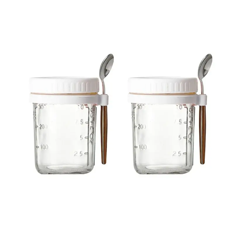 AS63-2Pcs Breakfast Cup Container Airtight Oatmeal Jar With Cover And Spoon Portable Oatmeal Cup For Salads Cereal High Guality