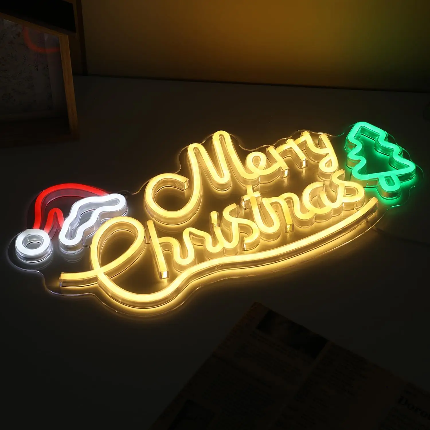 

Merry Christmas Neon Signs Warm Letter Led Lights Santa Hat Xmas Tree Room Decoration Home Party Bedroom Bar Club USB Wall Lamp